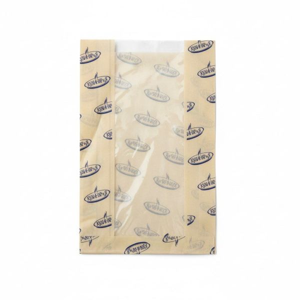 пакет бумажный с V-обр. дном 31,5х20х5 бежевый с окном с рис. *