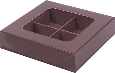 коробка бум. 120х120х30 для 4 конфет шоколад матовая с окном