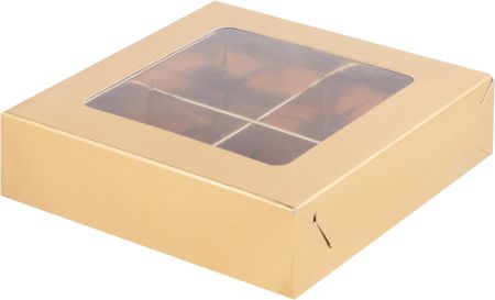 коробка бум. 120х120х30 для 4 конфет золото матовая с окном