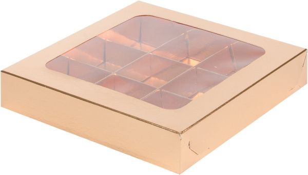 коробка бум. 155х155х30 для 9 конфет золото матовая с окном