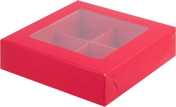 коробка бум. 120х120х30 для 4 конфет красная матовая, прозрачное окно