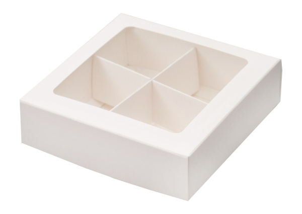 коробка бум. 120х120х30 для 4 конфет белая прозрачное окно/разделители