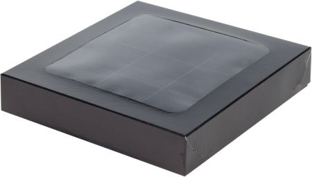 коробка бум. 155х155х30 для 9 конфет черная матовая с окном